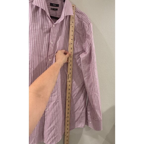 BOSS slim-fit shirt in checked performance-stretch Travel21material pink SZE 17 - Picture 4 of 8